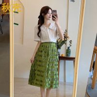 秋壳2022年夏季新款名媛风侧边开叉褶皱格子半身裙松紧高腰中长裙