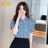 秋壳2022年夏季新款ins风POLO领口袋撞色竖条纹衬衫花苞短袖T恤女