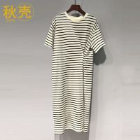 秋壳2022夏季新款名媛风侧纽扣设计收腰连衣裙宽松百搭条纹T恤裙