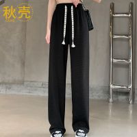 秋壳2022年夏秋新款ins风松紧系带撞色字母阔腿裤提花泡泡休闲裤