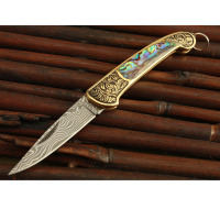 大马士革刀女王小折刀 彩贝黄铜图纹折刀 多功能小刀 创意折叠刀 送女朋友 外野营刀 防护防卫刀 探险刀 随身救生刀