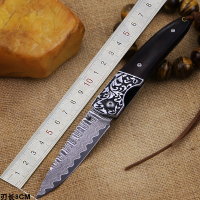 大马士革刀手工户外小刀 多功能折叠刀黑檀塘草雕花钢头小折刀 锋利随身小刀