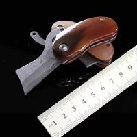 Vg10大马士革刀折刀黄羊角柄刀 钥匙扣小刀锋利小蛮牛户外野营刀 随身防卫刀 探险刀 救生刀 收藏礼品折叠刀 口袋刀