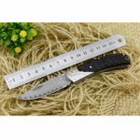 大马士革刀 户外随身求生刀具手工黑檀木柄随身口袋折叠刀 收藏礼品刀 户外小刀 折刀
