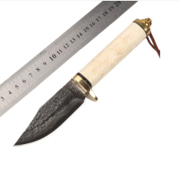 手工大马士革VG10钢刀 牛骨刀户外水果刀高硬度锋利露营登山求生多功能小刀 随身小刀荒野求生刀