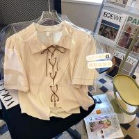 杏色短袖衬衫女绑带设计感小众别致华夫格衬衣polo领短款上衣女