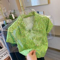 2022复古港风花色polo领衬衫女夏季短袖T恤女宽松上衣欧美衬衣潮