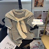 小众设计感高级感条纹假两件针织T恤衫冰丝薄款短袖t恤上衣女披肩