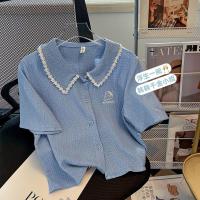 开衫女2022夏季新款法式polo领休闲百搭显瘦短袖雪纺V领上衣