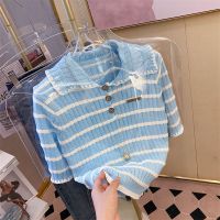 小香风polo领冰丝薄款短袖针织衫女2022新款夏季百搭宽松条纹上衣