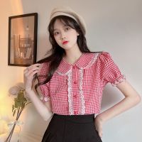 复古港风格子娃娃领2022新款短袖女夏宽松上衣百搭小众设计感开衫