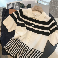 佳适2022年夏季新款个性显瘦polo领撞色条纹针织衫开衫上衣女百搭