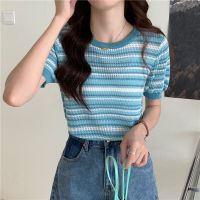 CASS佳适 夏季针织衫短袖t恤女镂空温柔风减龄T恤女冰丝条纹上衣