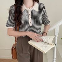 CASS佳适 短袖针织衫polo领复古港风2022年春夏新款上衣轻熟风女