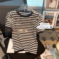 CASS佳适 条纹冰丝短袖T恤女夏季薄款宽松气质小众针织气质上衣