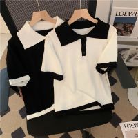 CASS佳适polo领针织短袖女2022年夏季新款复古设计感拼接港风上衣