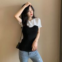 CASS佳适雪纺拼接短袖上衣夏季新款气质设计感小众假两件显瘦女装