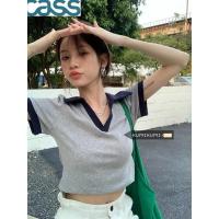 CASS纯棉夏季polo衫正肩v字领短袖T恤女甜辣风ins露脐短款上衣潮