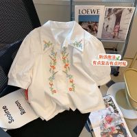 CASS佳适白色刺绣衬衫女夏季新款法式复古港风泡泡袖洋气减龄上衣