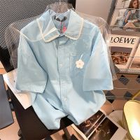 CASS佳适韩系复古学院风花朵珍珠领短袖衬衫女夏季宽松设计感上衣