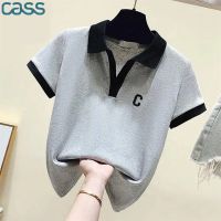 佳适CASS100%纯棉V领短袖T恤女2022夏新欧货字母刺绣Polo领上衣女