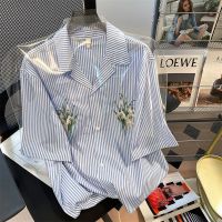 CASS佳适 法式港味条纹短袖衬衫女夏季宽松高级感别致西装polo领上衣