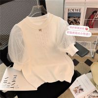 CASS佳适 折扣清仓夏秋季装仙女泡泡袖针织衫女冰丝网纱短袖上衣