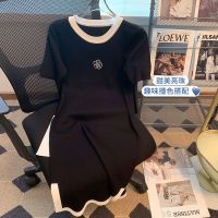 CASS佳适 气质冰丝针织连衣裙女夏提花高级感黑色侧开叉连衣裙