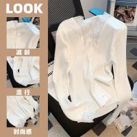 CASS佳适 2022年秋装新款修身V领打底衫女蕾丝拼接长袖针织衫毛衣