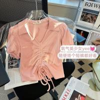 CASS佳适 bm风纯欲甜辣短款小众短款T恤女polo翻领韩版抽绳上衣女