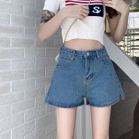 CASS佳适 蓝色牛仔短裤女夏季高腰辣妹显瘦开叉a字短裤阔腿热裤子