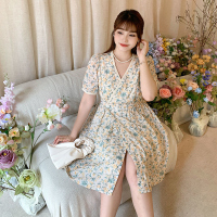 雅洛诗大码女装2022夏季新品微胖mm一片式V领复古碎花短款连衣裙