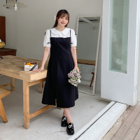 雅洛诗大码女装2022夏季新品胖mm撞色娃娃领拼接假俩件吊带连衣裙