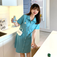 雅洛诗大码女装2022初夏新品微胖mm时尚减龄韩系温柔POLO领连衣裙
