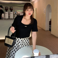 雅洛诗大码女装2022夏季新品胖mm假俩件拼接设计方领短袖T恤上衣