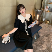 雅洛诗大码女装2022夏季新款胖mm高腰显瘦甜美花瓣领压褶A连衣裙