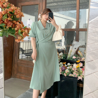 雅洛诗大码女装2022夏季新品胖mmPOLO领腰部不规则收褶显瘦连衣裙