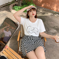 雅洛诗大码女装2022夏季新品微胖mm卡通小象印花圆领正肩短袖T恤