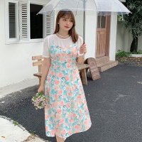 雅洛诗大码女装2022夏季新品微胖mm法式清新碎花假俩件吊带连衣裙