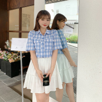 雅洛诗大码女装2022夏季新品微胖mm清新亮肤格子宽松短袖衬衫上衣