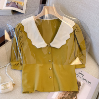 雅洛诗大码女装2022夏装胖妹妹时尚高级感娃娃领洋气气质衬衣上衣