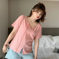 雅洛诗大码女装夏季新品胖mm不规则拼接开叉V领显瘦T恤女小衫上衣