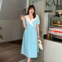 雅洛诗大码女装2022夏季新品胖mm撞色翻领大荷叶边高腰显瘦连衣裙