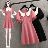 雅洛诗大码女装2022夏装胖妹妹时尚娃娃领收腰减龄洋气显瘦连衣裙