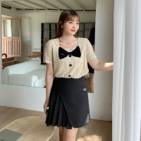 雅洛诗大码女装2022夏季新品胖mm方领蝴蝶结装饰短袖蕾丝小衫上衣
