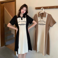 雅洛诗大码女装2022夏装胖妹妹时尚蝴蝶结拼接印花宽松休闲连衣裙