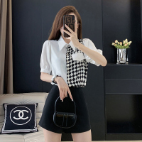 雅洛诗大码女装2022夏装新款胖mm时尚不对称拼接格子短袖衬衣上衣