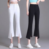 雅洛诗大码女装时尚显瘦冰丝九分喇叭裤弹力不规则开叉微喇西装裤