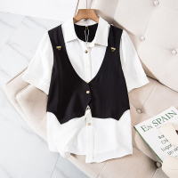 雅洛诗大码女装2022夏季时尚气质拼接假两件胖mm减龄显瘦衬衫上衣