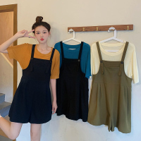 雅洛诗大码女装2022夏装新胖mm时尚减龄显瘦针织背带裤两件套套装